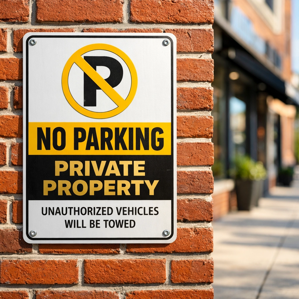 Private property no parking sign on a brick wall in a South End Charlotte NC neighborhood.