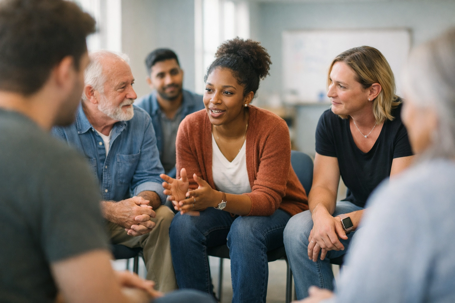 Warm, inclusive photo of a diverse peer support group sitting in a circle, connecting as real people