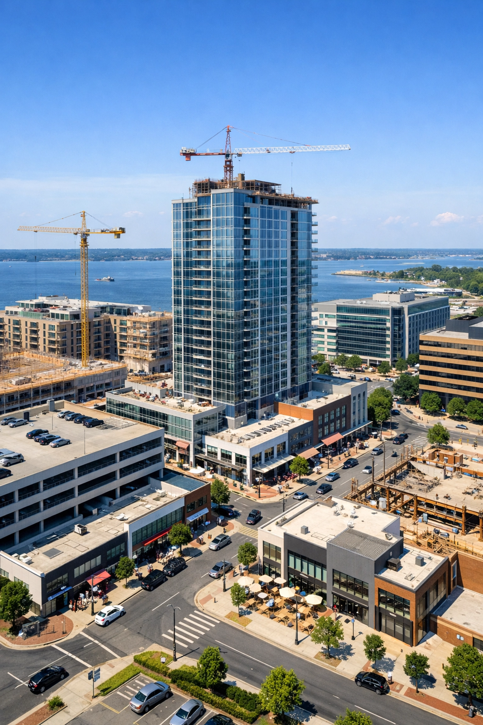 Newport News downtown development with 17-story Navy housing tower under construction