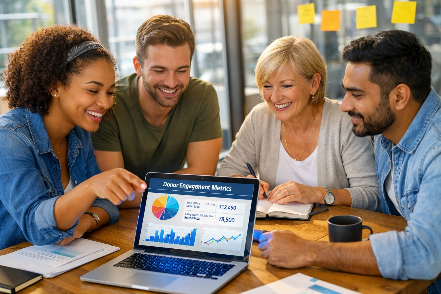 Nonprofit team reviewing donor engagement metrics and automation workflows on laptop