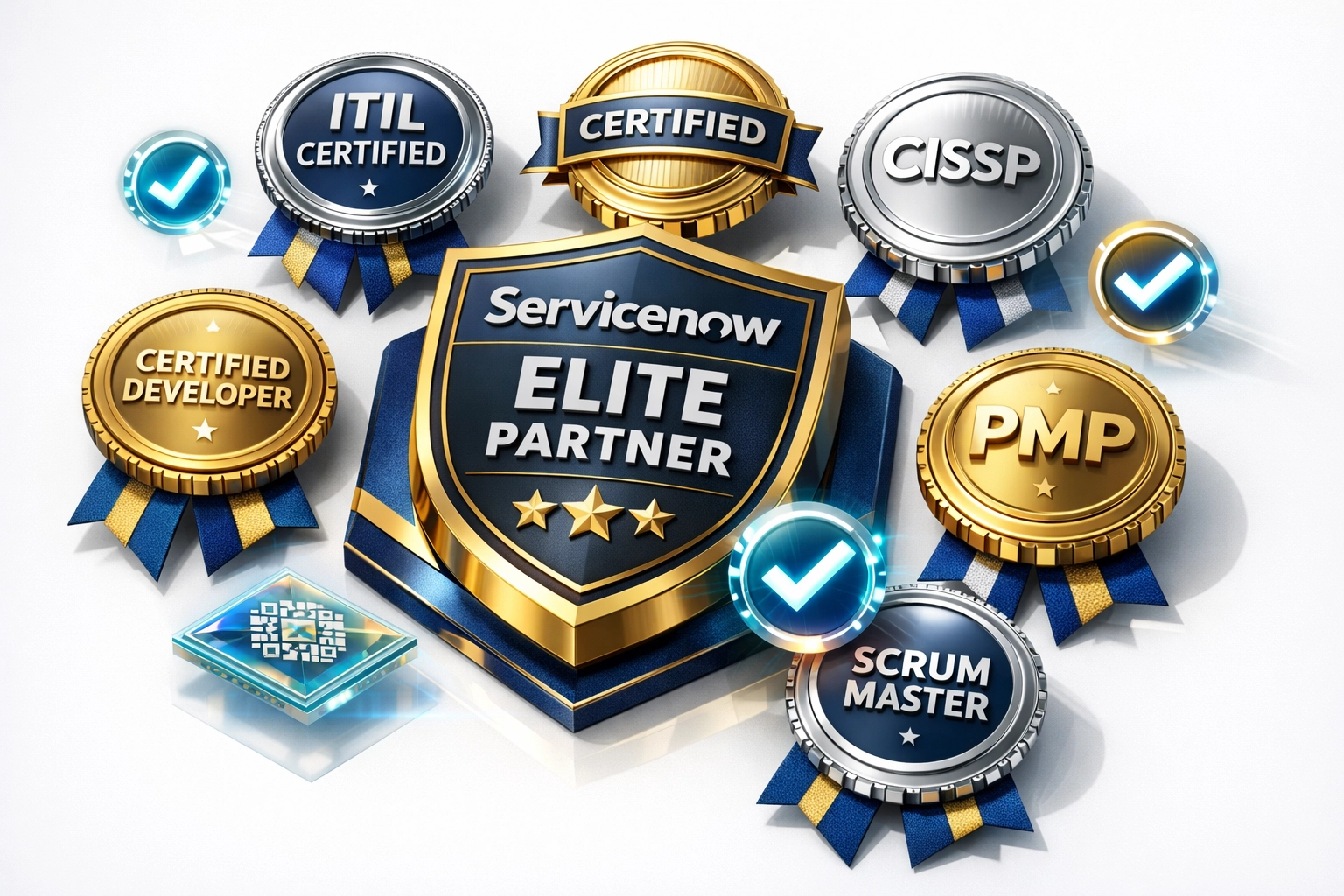 ServiceNow Elite partner certification badges and implementation specialist credentials