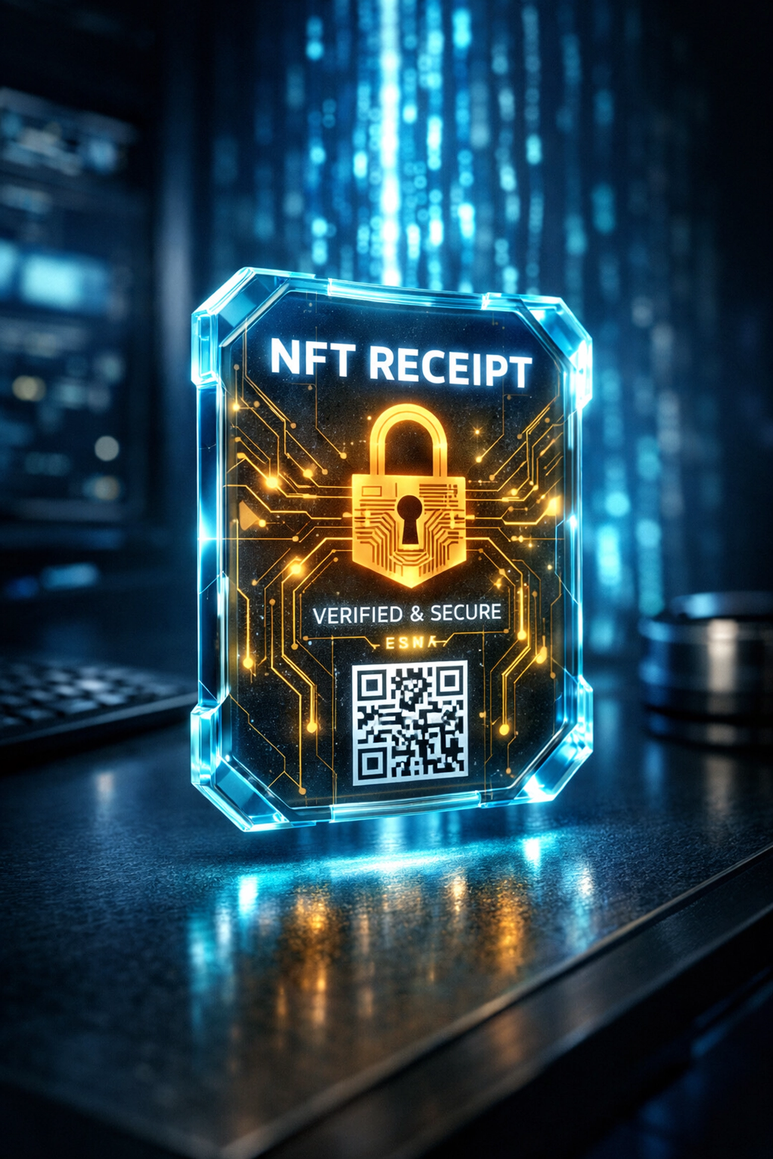 Futuristic digital card representing a secure Larecoin NFT receipt for automated Web3 bookkeeping and transaction proof.