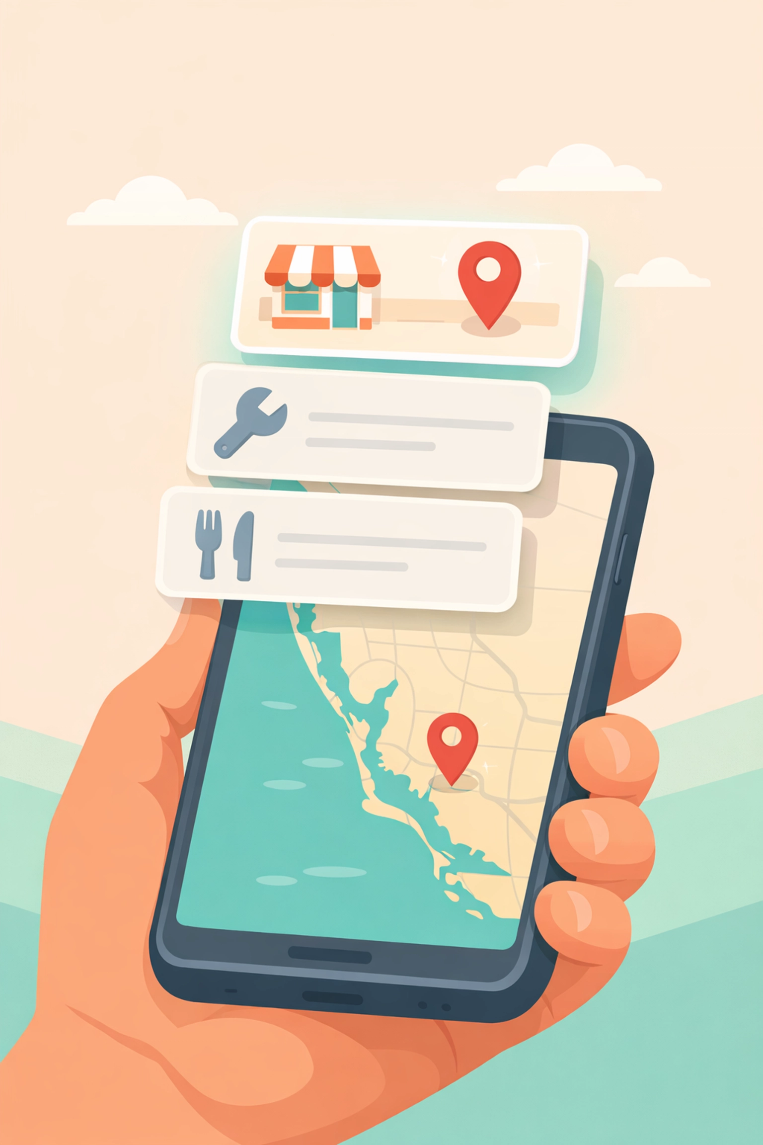 Smartphone displaying Google Maps Local Pack results for businesses in Southwest Florida.