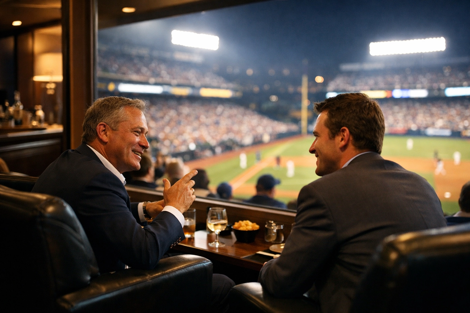 Executives in conversation at Super Bowl corporate suite during game