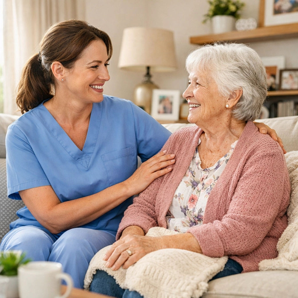 Caregiver and senior discussing home safety plans together to build confidence and prevent future falls.