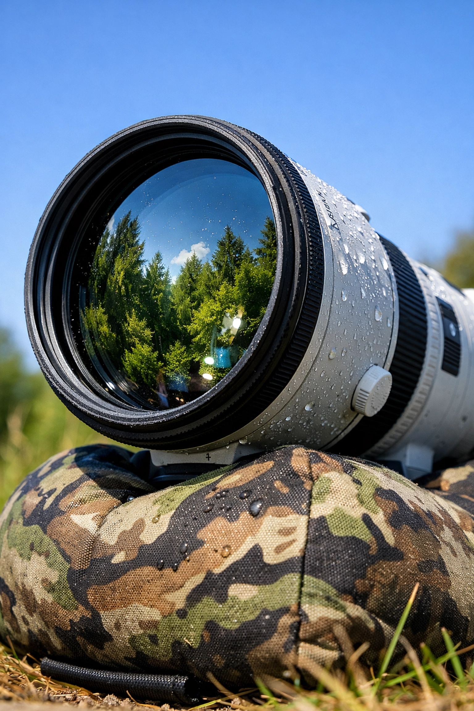 Professional telephoto lens for wildlife photography tours sitting on a camo beanbag in nature.