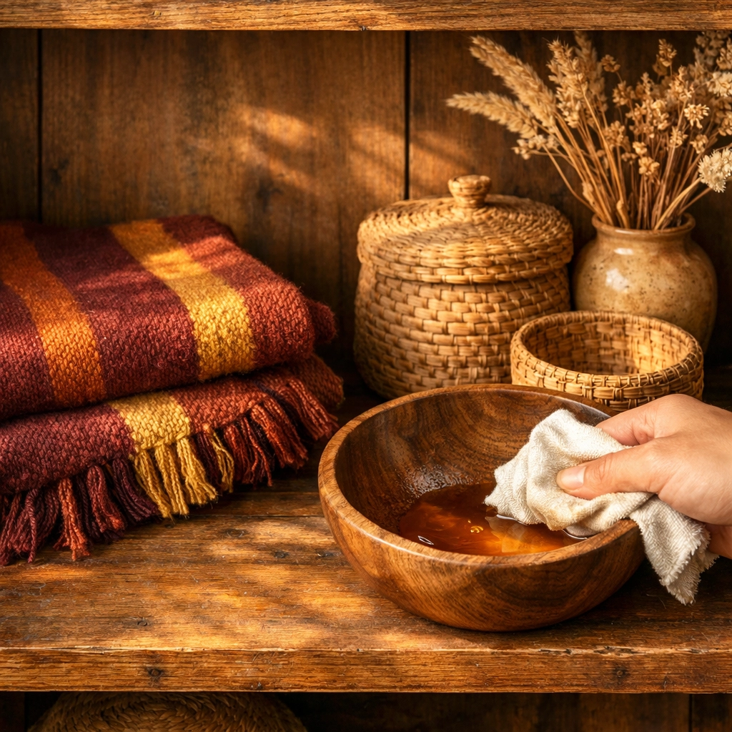 Handwoven textiles and wooden bowl with natural conditioning oil on rustic shelf