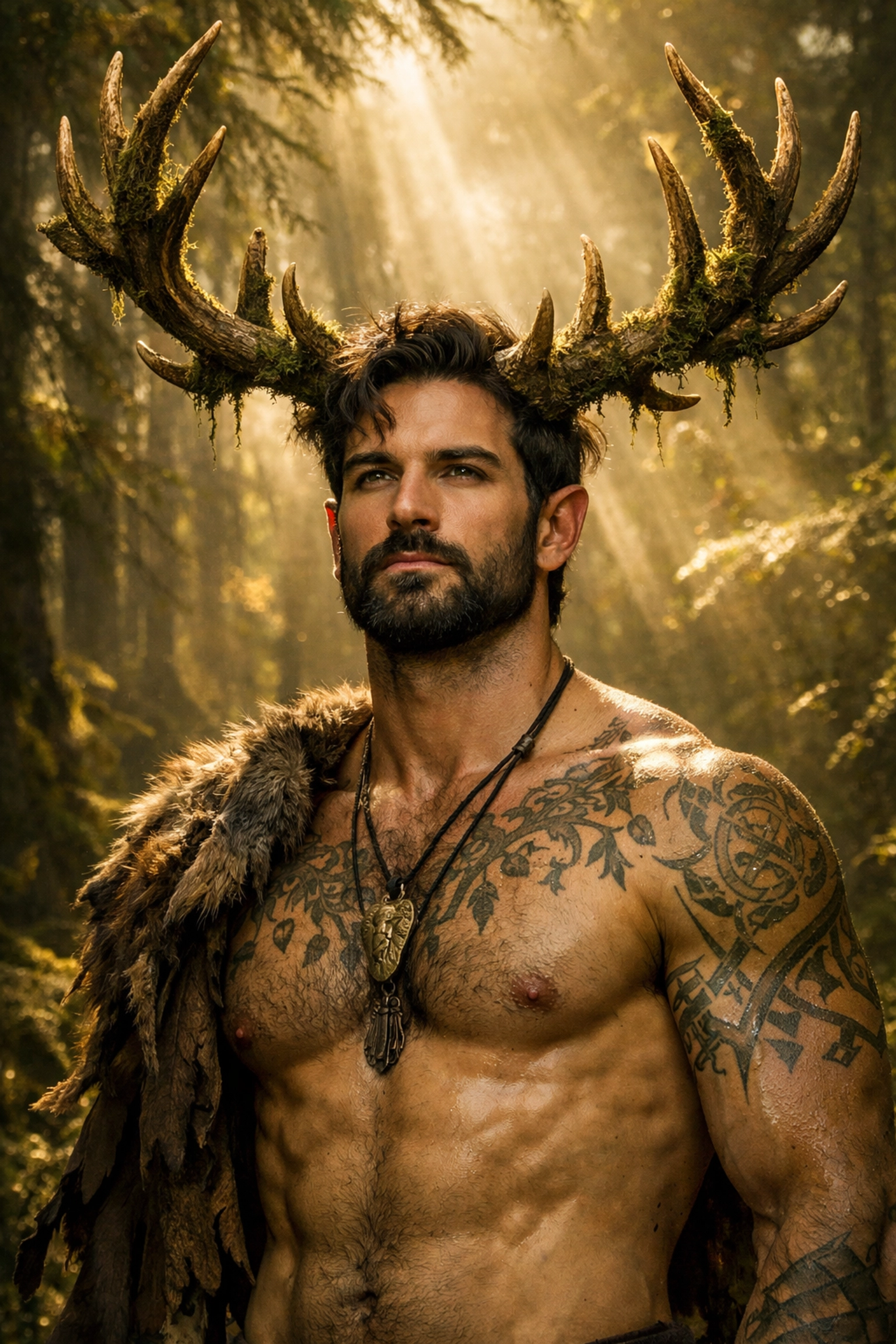 A bearded queer man embodying the Horned God in a sunlit forest, a symbol of queer paganism.