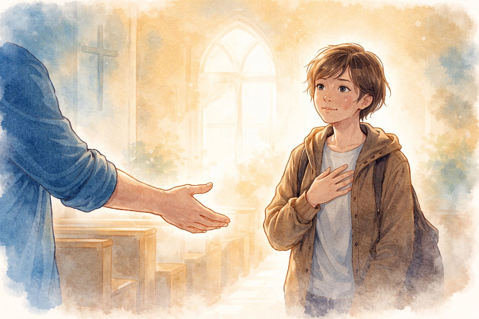 Hand-drawn illustration of a church lobby where one person welcomes another, symbolizing Christian belonging and connection.