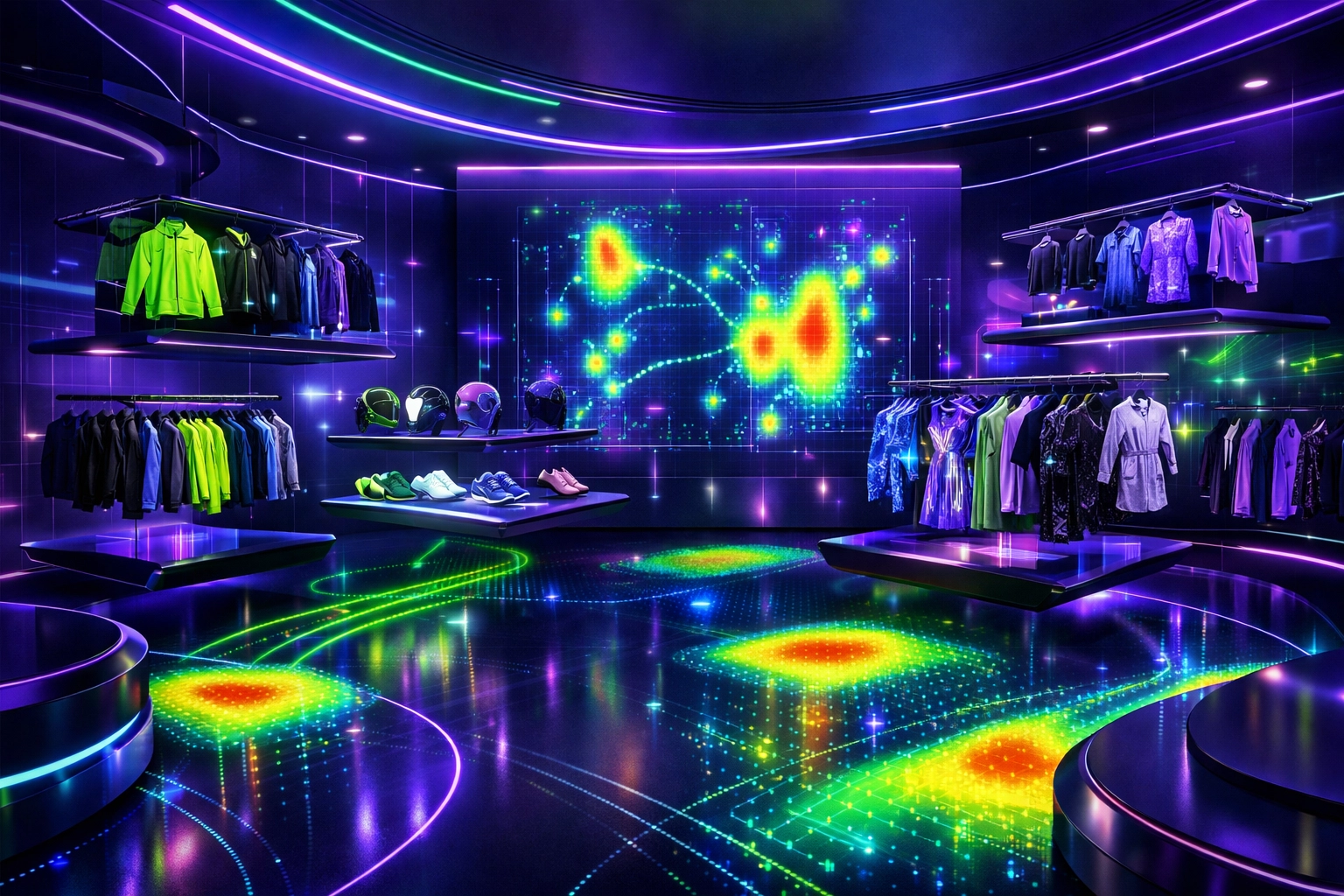 Futuristic metaverse boutique using Larecoin.ai spatial intelligence for a dynamic AI shopping experience.