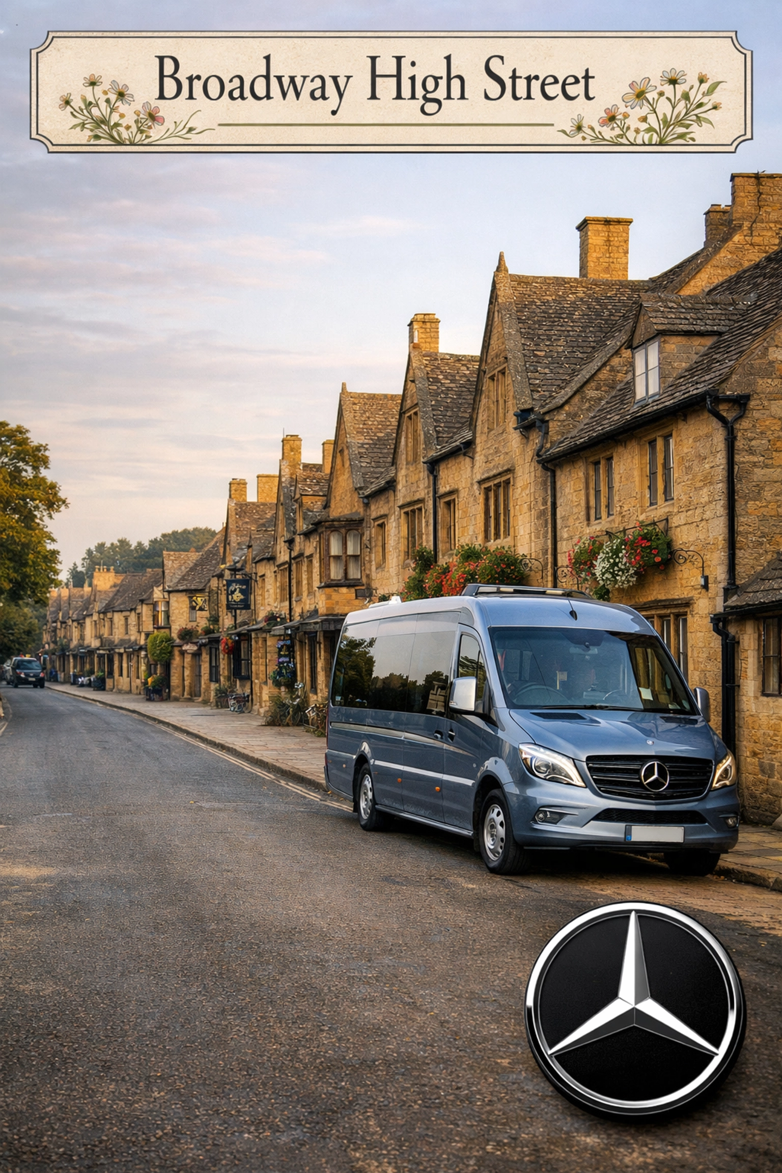 Silver Blue Mercedes minibus parked on Broadway High Street with traditional honey-colored limestone buildings.