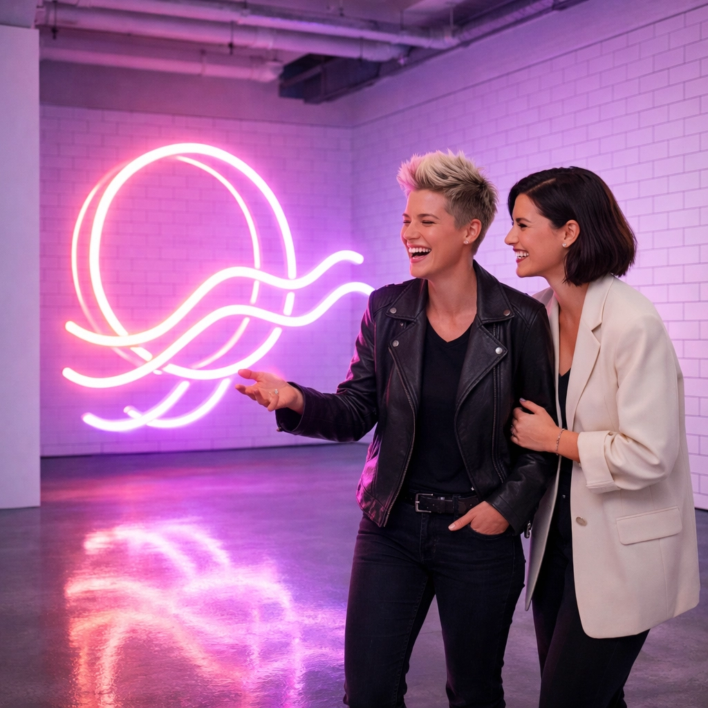 A lesbian couple enjoying neon art in Copenhagen's Meatpacking District, reflecting modern queer culture.
