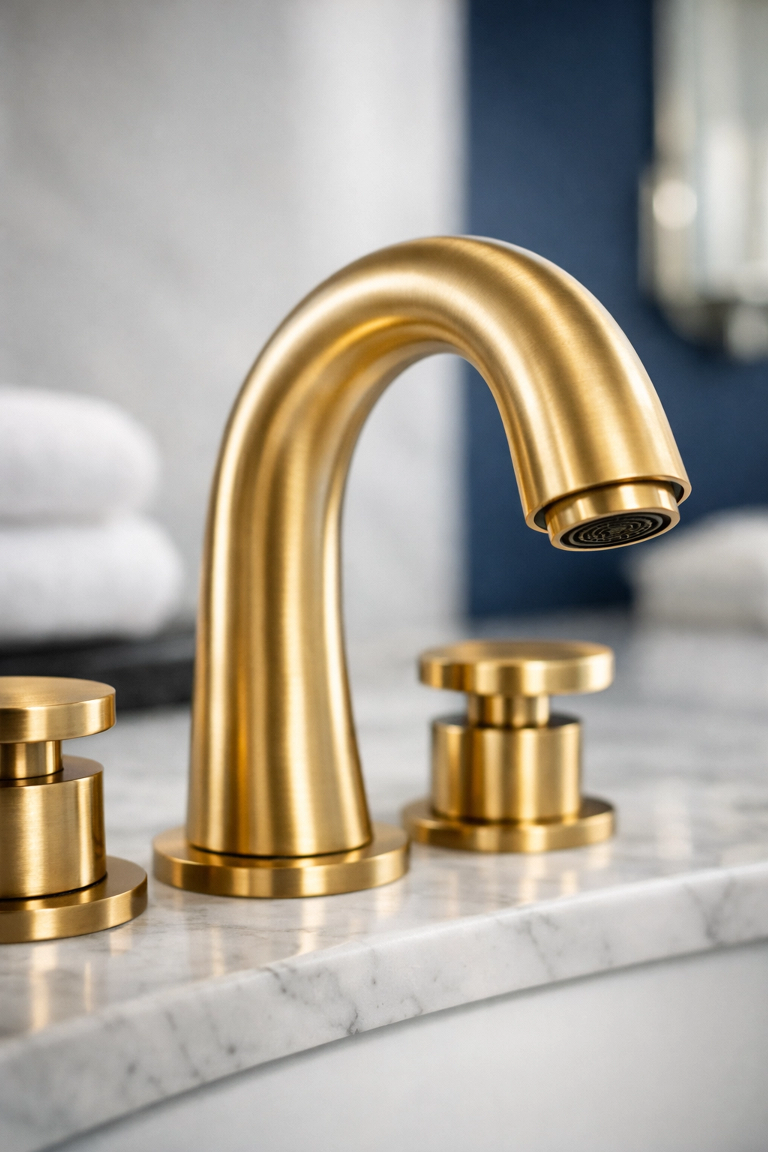 Clean brushed gold bathroom faucet on marble after safe adhesive residue removal.