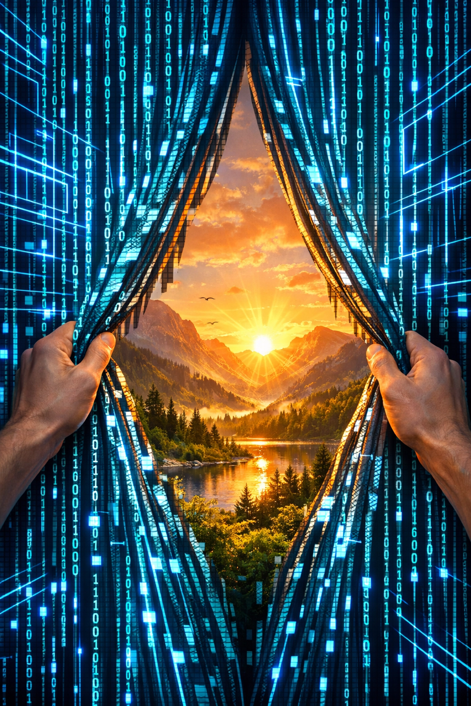 Hands pulling back a curtain of binary code to reveal a sunrise, symbolizing human agency in dystopian sci-fi.