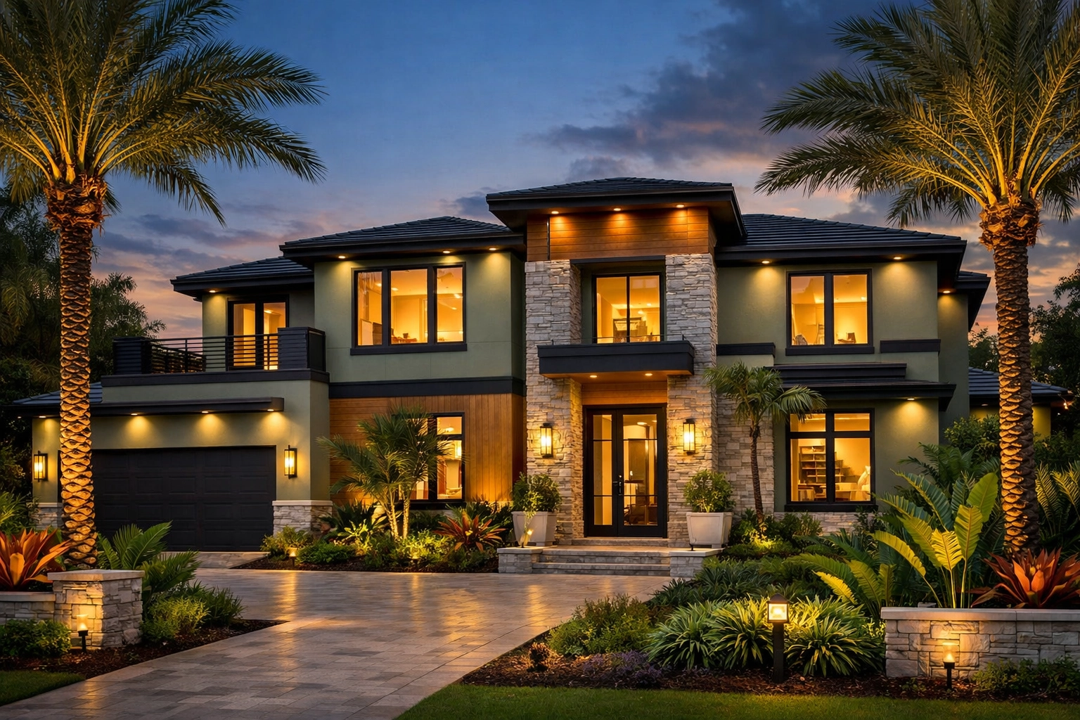 Modern Orlando home with sage green exterior paint and tropical landscaping for 2026 curb appeal.