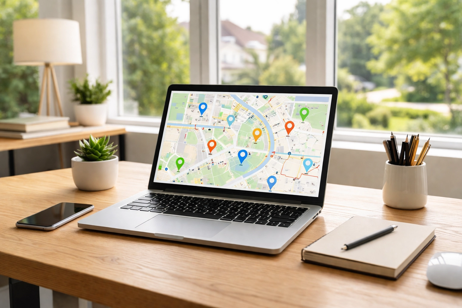 Modern home office with laptop showing neighborhood map, representing AI-powered real estate search in South Jersey.
