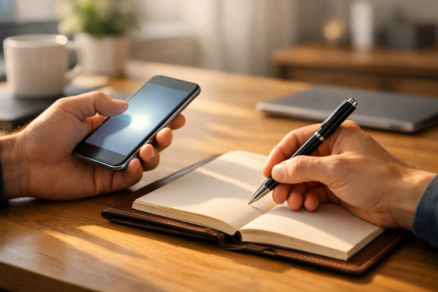 Hands holding a phone while documenting romance scam evidence in a notebook at a clean desk.
