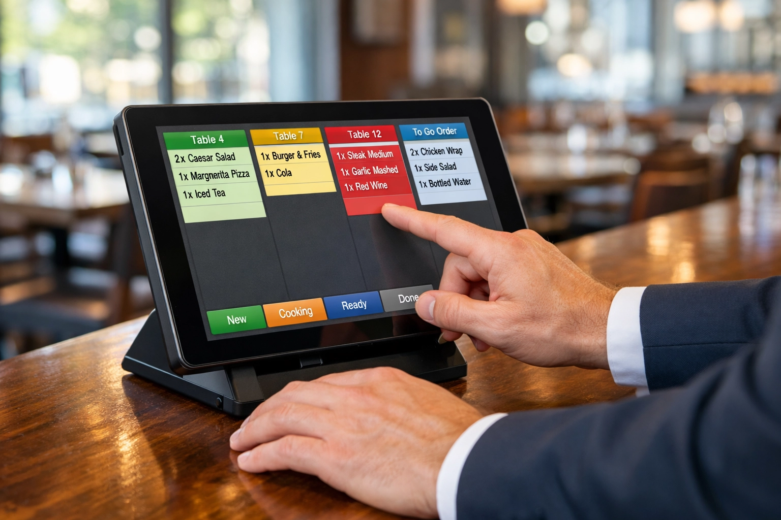 Restaurant manager using Toast POS tablet system to view kitchen orders