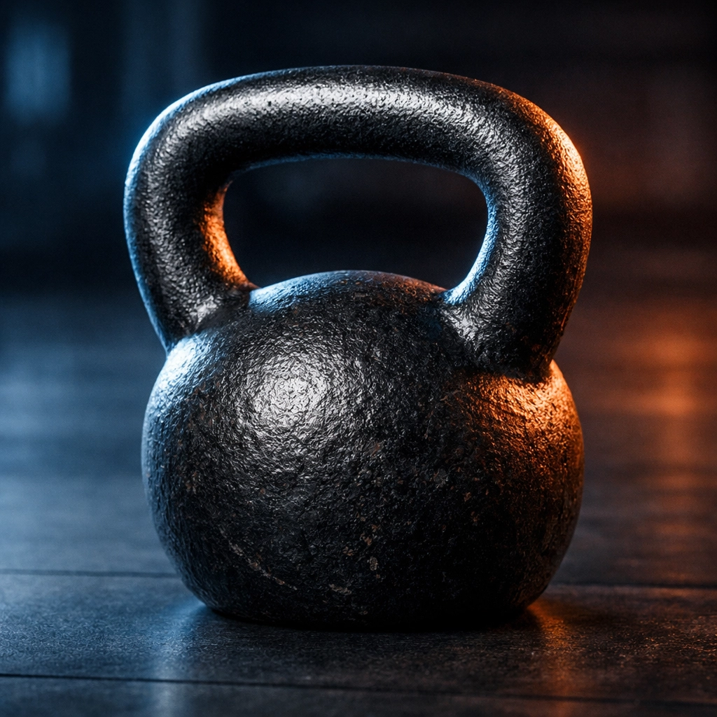Cast-iron kettlebell in a gym, highlighting the importance of strength training while on a weight loss jab.