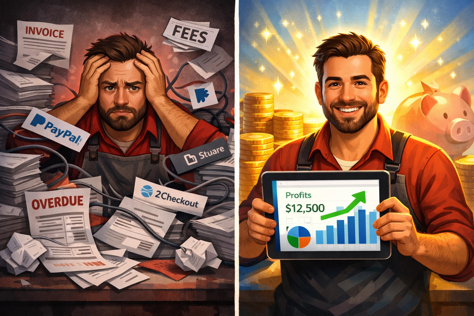 Merchant comparing high crypto payment fees versus 50% savings with streamlined digital dashboard