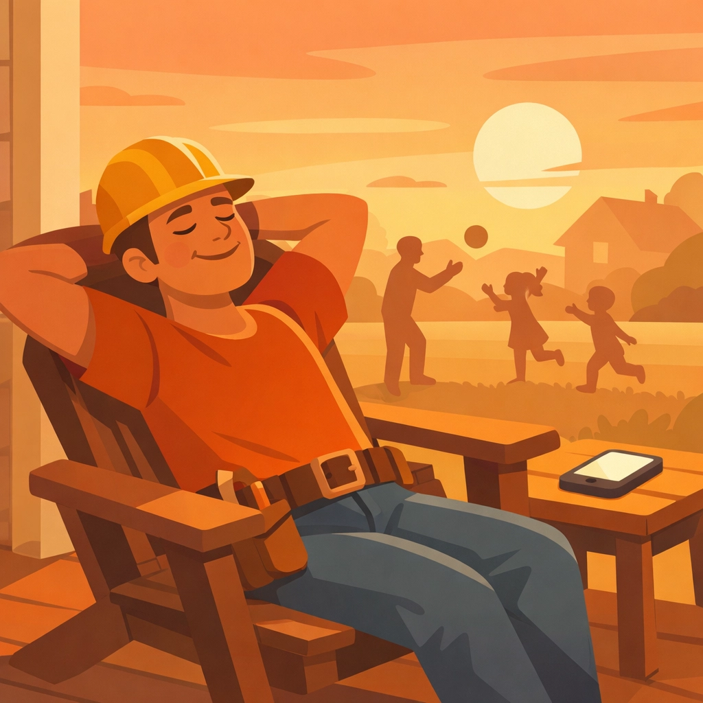 Relaxed contractor enjoying free time thanks to efficient photo timeline contractor software.