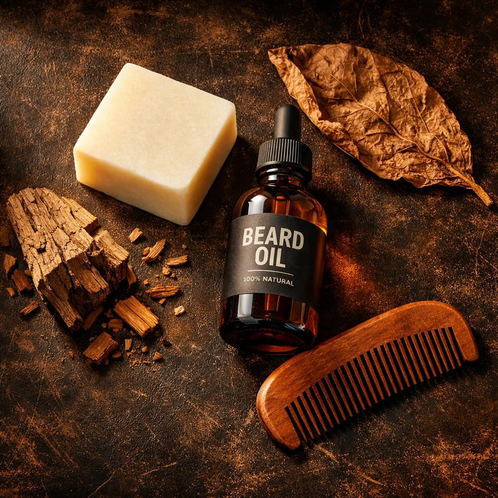 Premium beard grooming kit including a solid wash bar, amber beard oil, and handcrafted wooden comb.