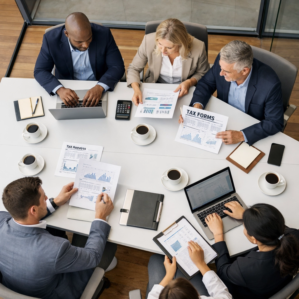 Tax professionals collaborating during peak season training on service bureau operations and procedures