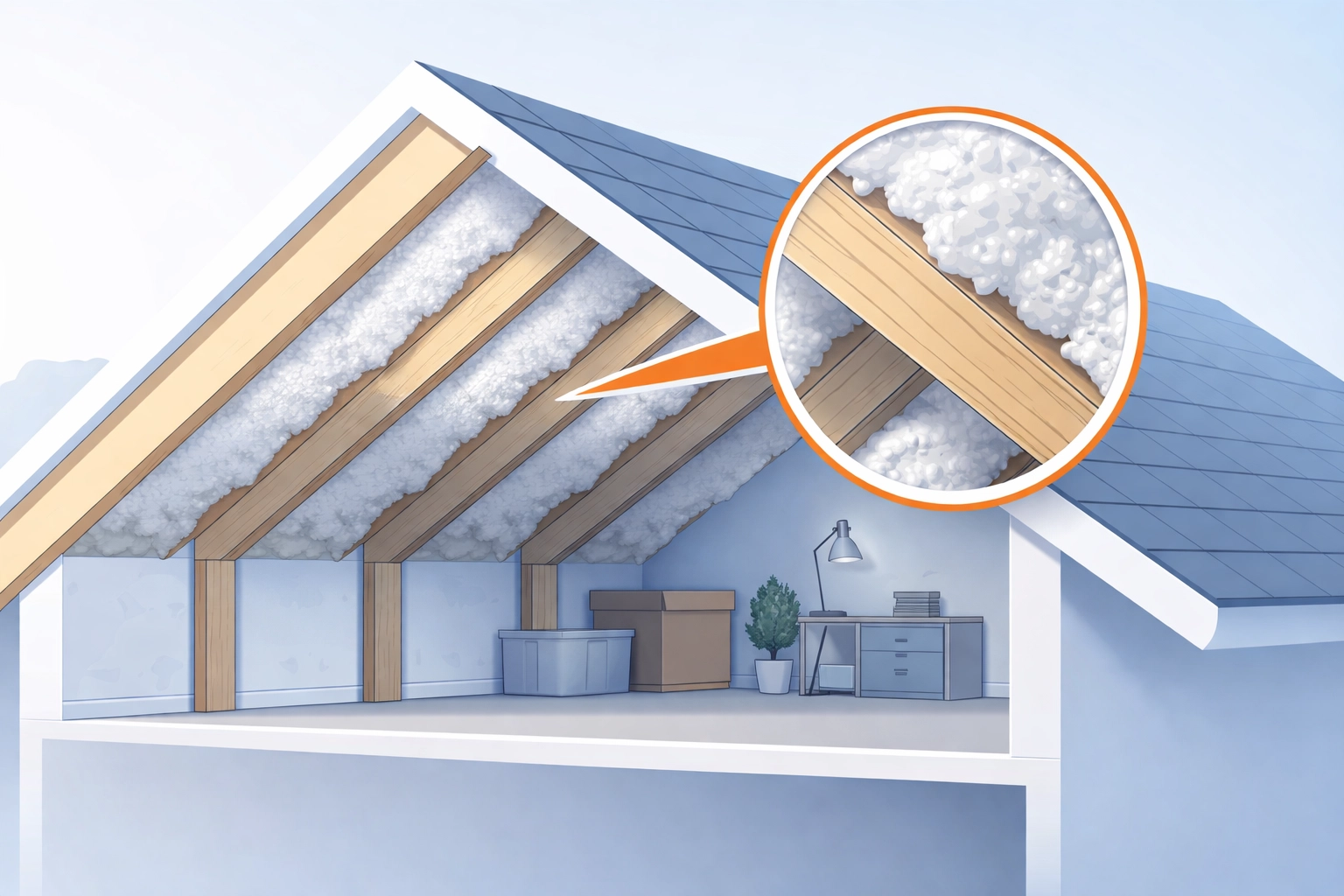 Cross-section illustration of a loft showing spray foam insulation hiding roof rafters and causing compliance problems.