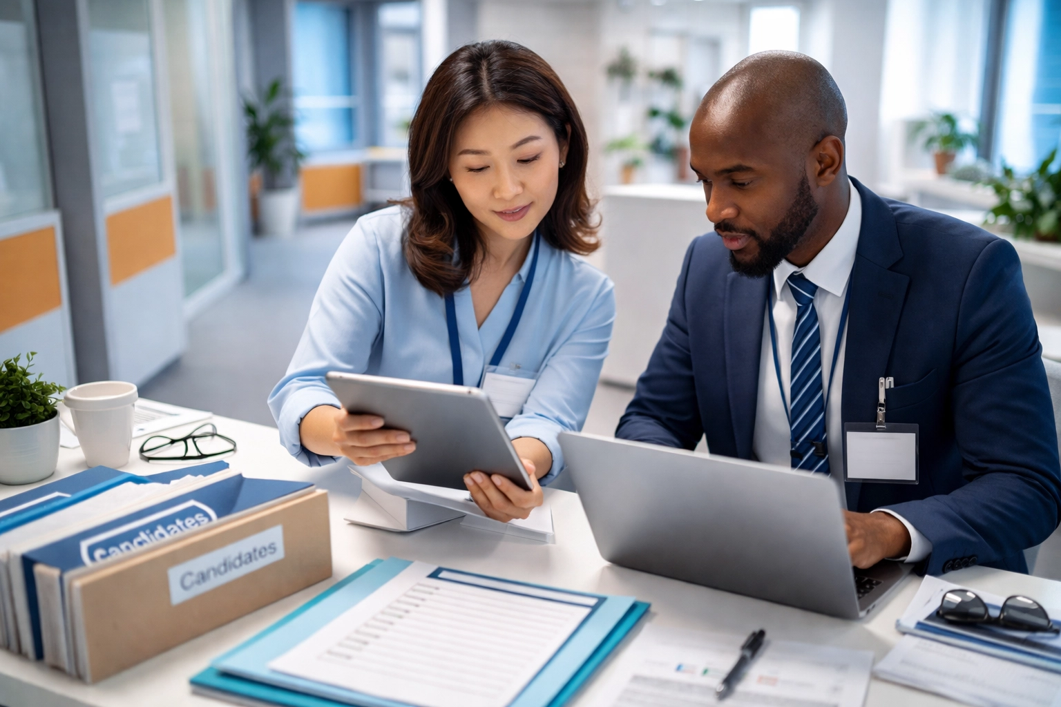 Diverse healthcare hiring team reviewing candidate credentials during a thorough vetting process in a modern office