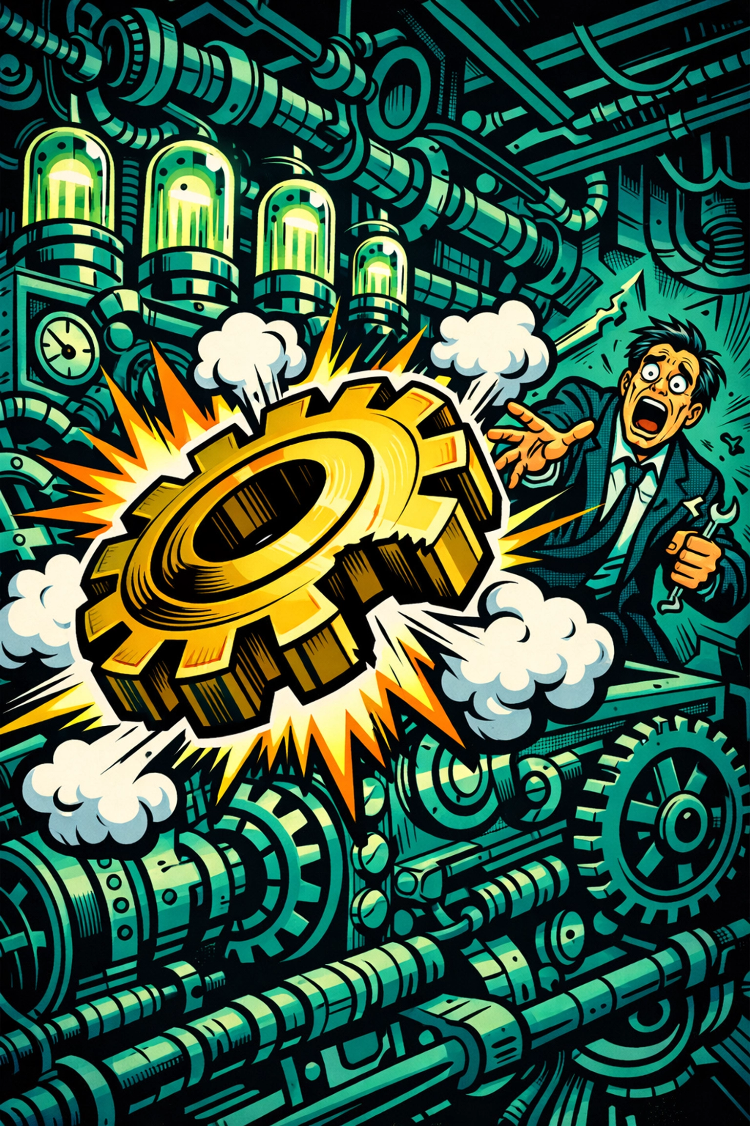 A breaking machine with gears flying off, representing failed business automation without testing.