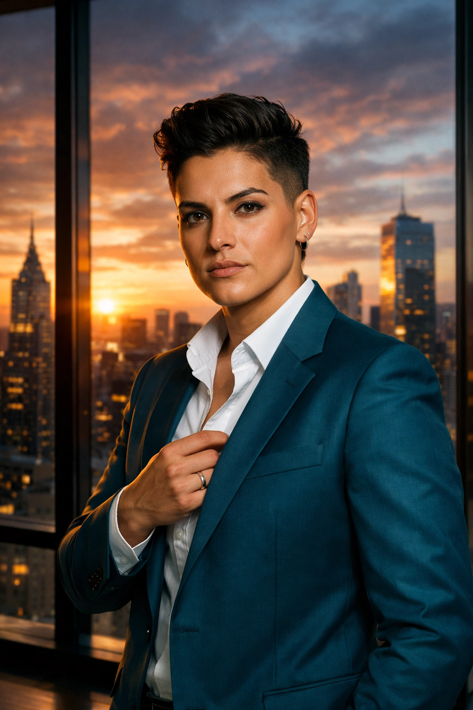 A confident non-binary professional in a sharp suit preparing for a job interview in a corporate setting.