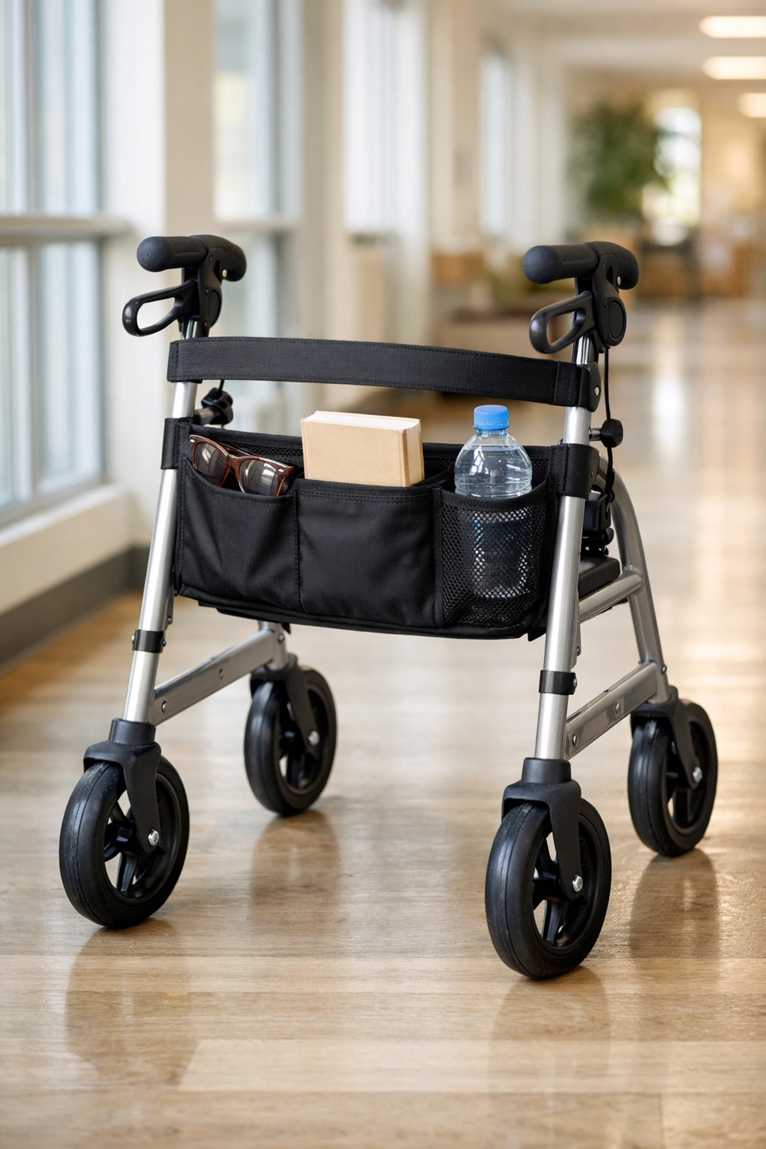 Rollator walker with a secure center organizer pouch to maintain balance and stability while walking.