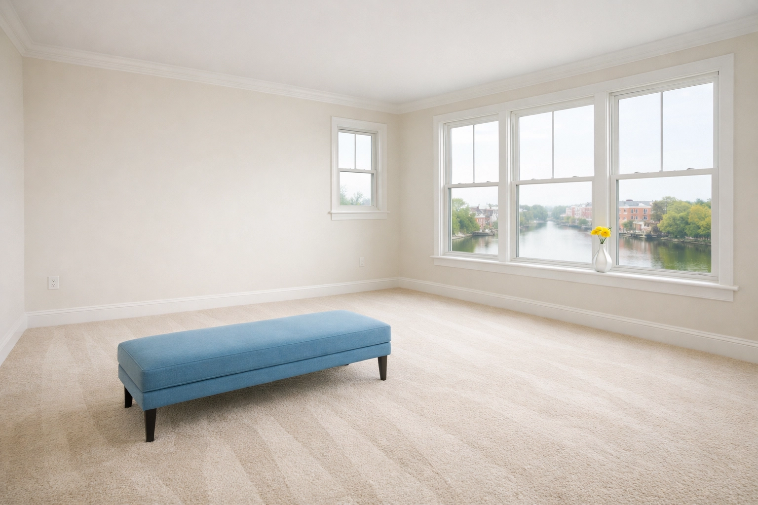 Freshly vacuumed empty bedroom in Lowell ready for new tenants after move-in/move-out cleaning services.