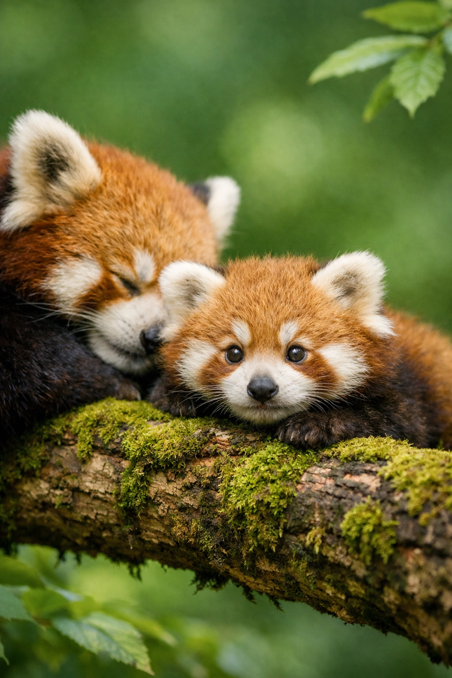A mother red panda and her cub illustrating a successful conservation breeding program story for a modern zoo.