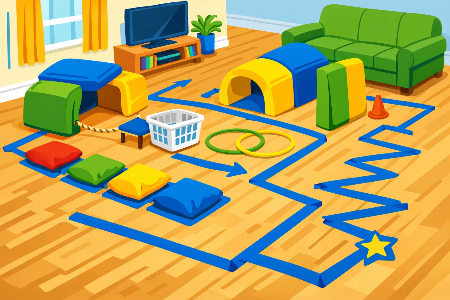Indoor obstacle course setup with pillows and tape for family fun at home