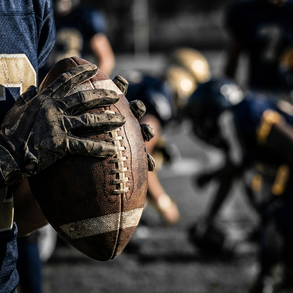 Close-up of quarterback's hands gripping a football at practice with Cal blue and gold in background