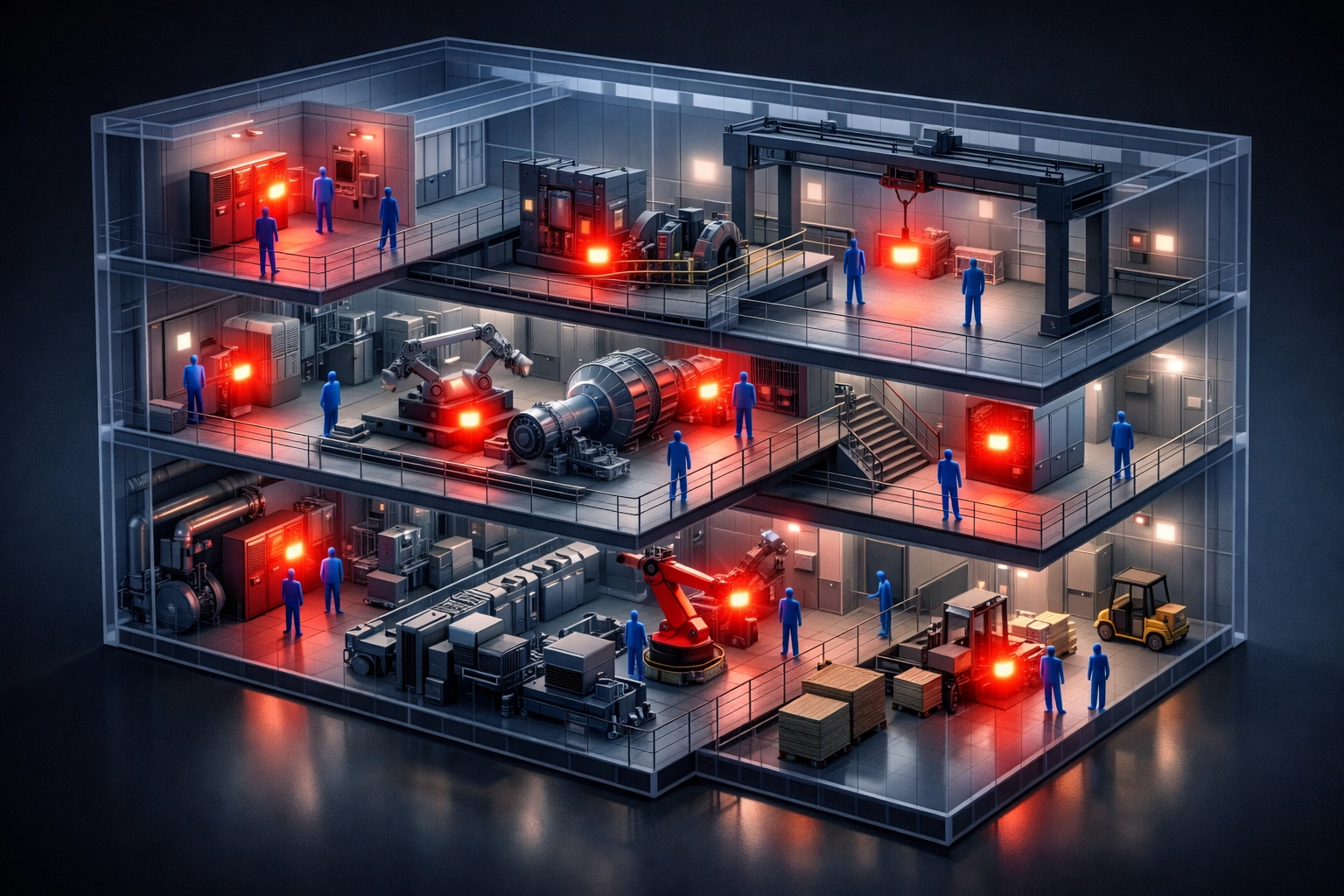 Industrial facility mapping high-energy hazard locations and worker proximity for safety assessment