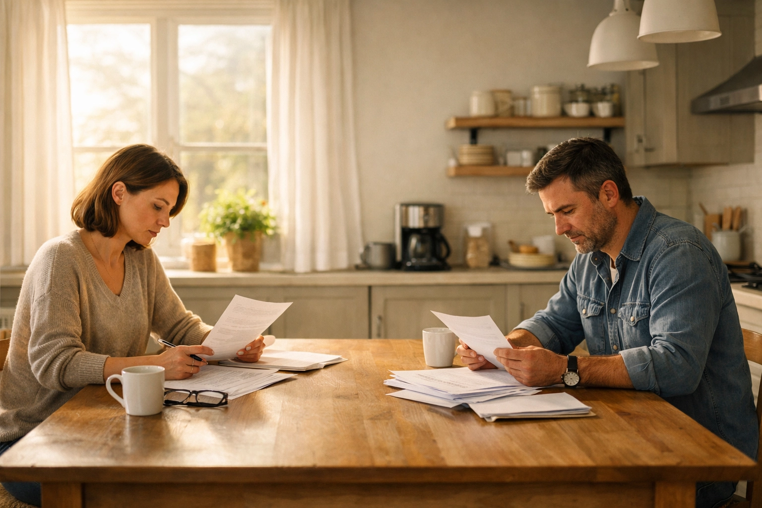 Couple reviewing DIY divorce paperwork together at kitchen table in peaceful Virginia home setting
