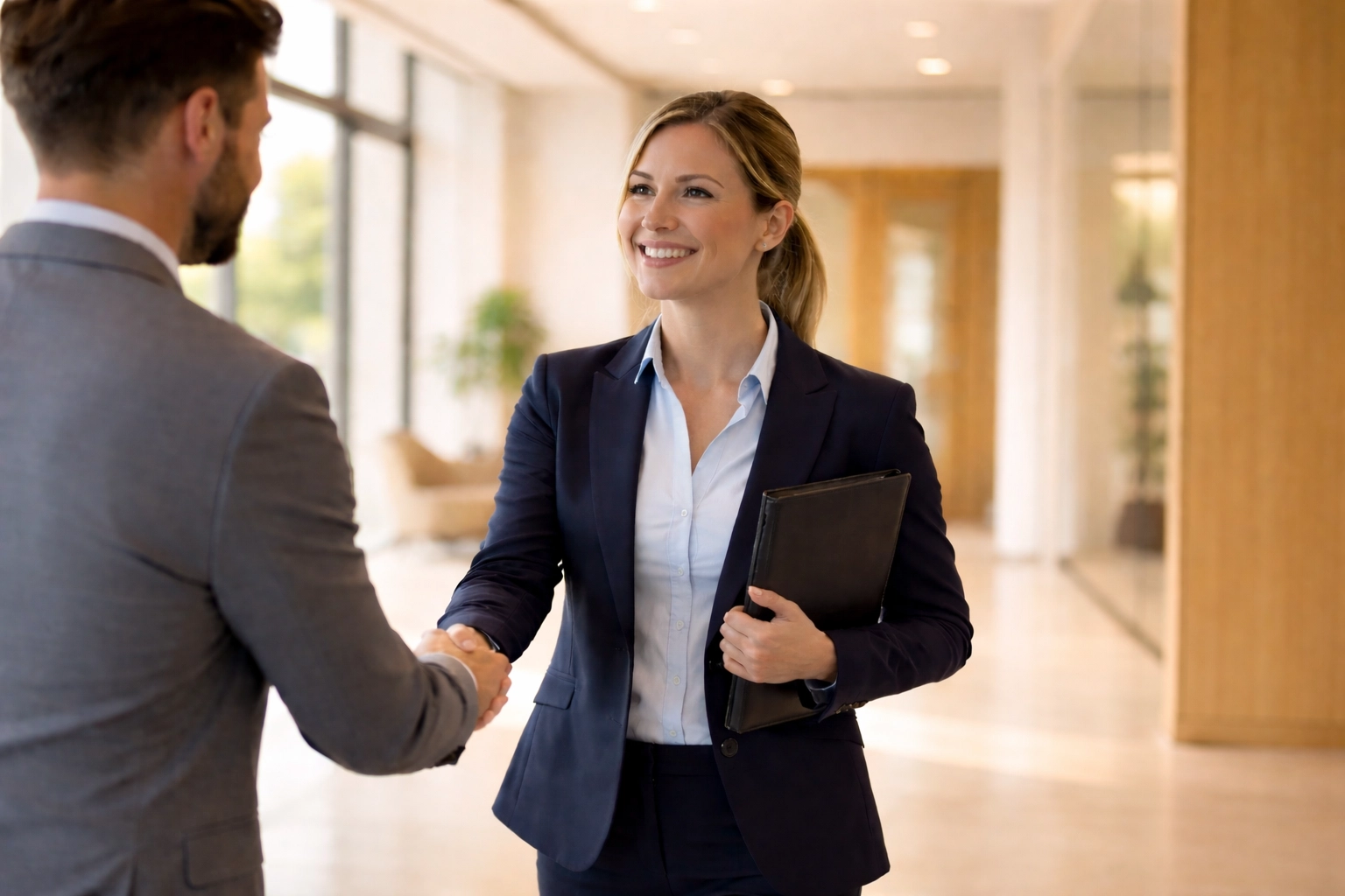 Female first responder in business suit shaking hands with recruiter, succeeding in civilian job interview.