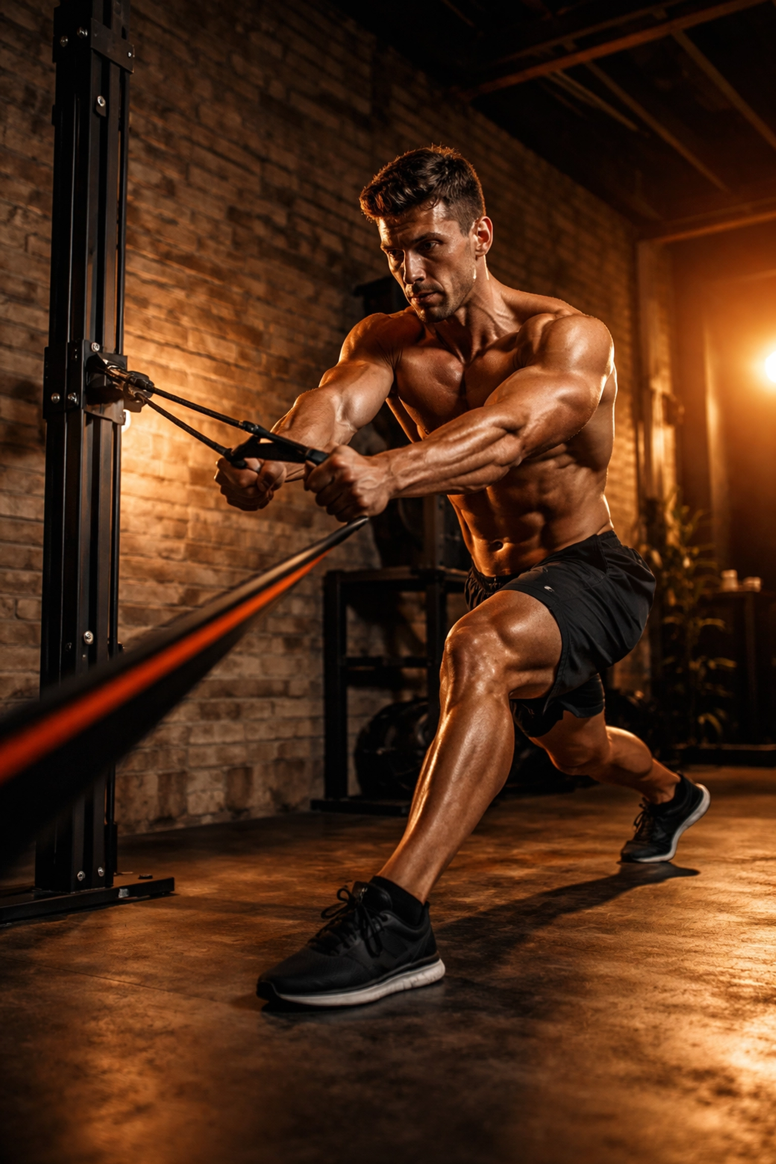 Athlete performing resistance band exercise on a floor-to-ceiling home gym system for full body workout at home