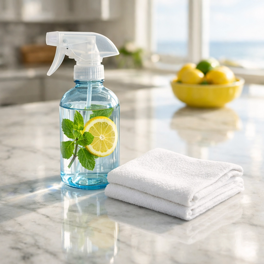 Eco-friendly cleaning products on a sparkling marble kitchen island in a North Falmouth home.