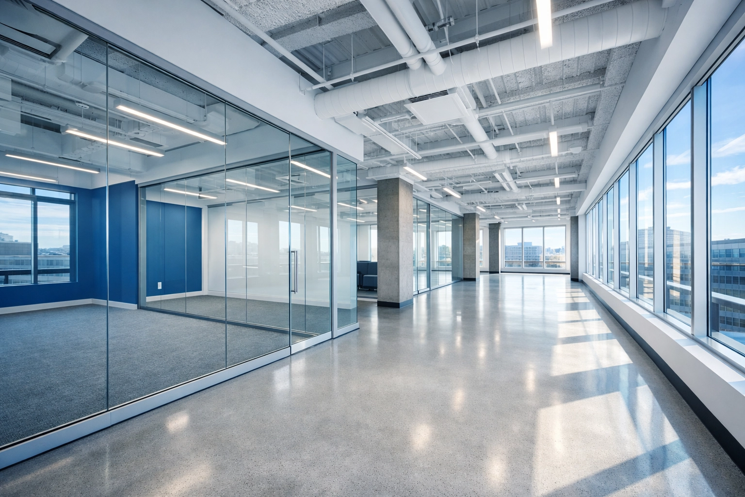 Empty East Cambridge office suite showcasing thorough move-out cleaning and deep sanitation.
