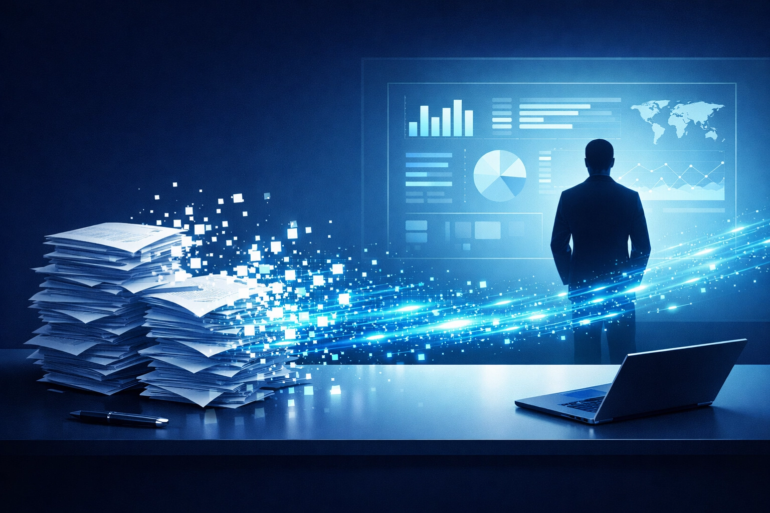 A professional silhouette transitioning from manual paperwork to an AI-powered digital data workflow.