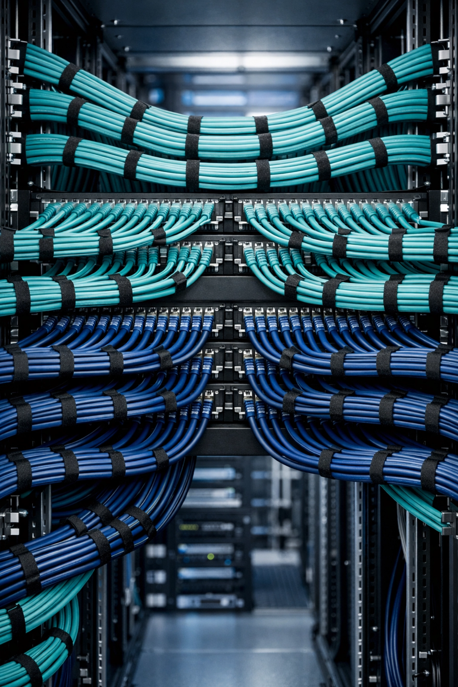 Professionally organized Cat6a cabling installation showing structured cabling services in a server room.
