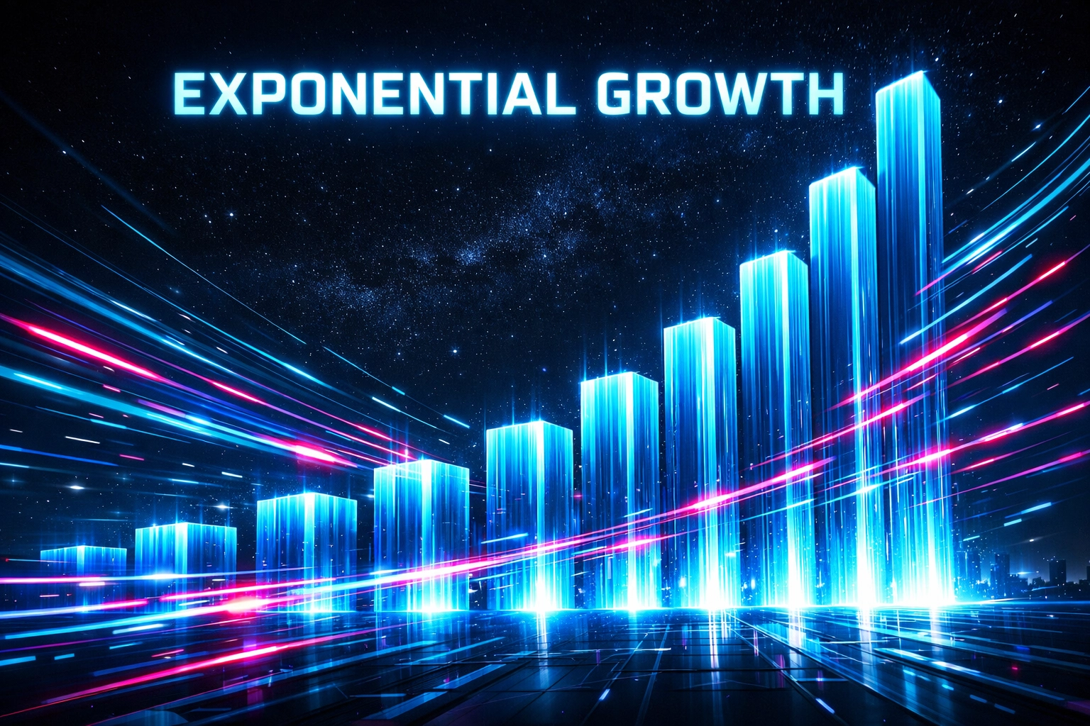 Futuristic digital bar chart showing exponential ROI and efficiency gains from AI automation.