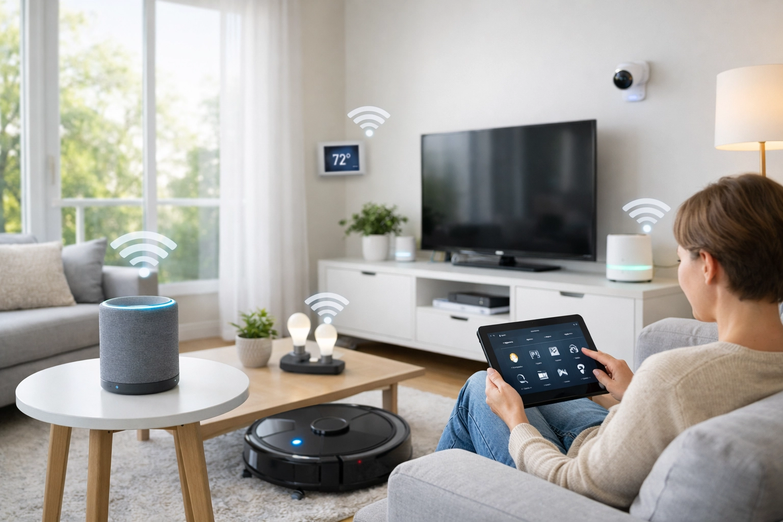 Smart home devices and IoT gadgets in modern living room network setup