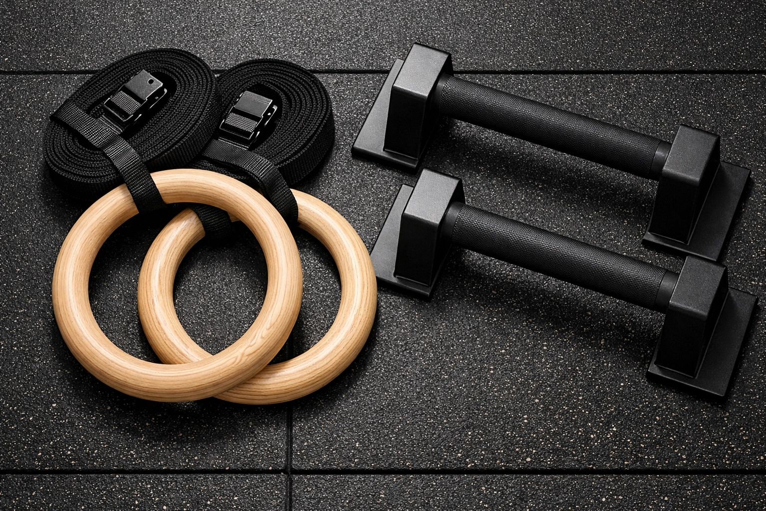 Essential calisthenics equipment for home including wood gymnastic rings and steel parallettes.