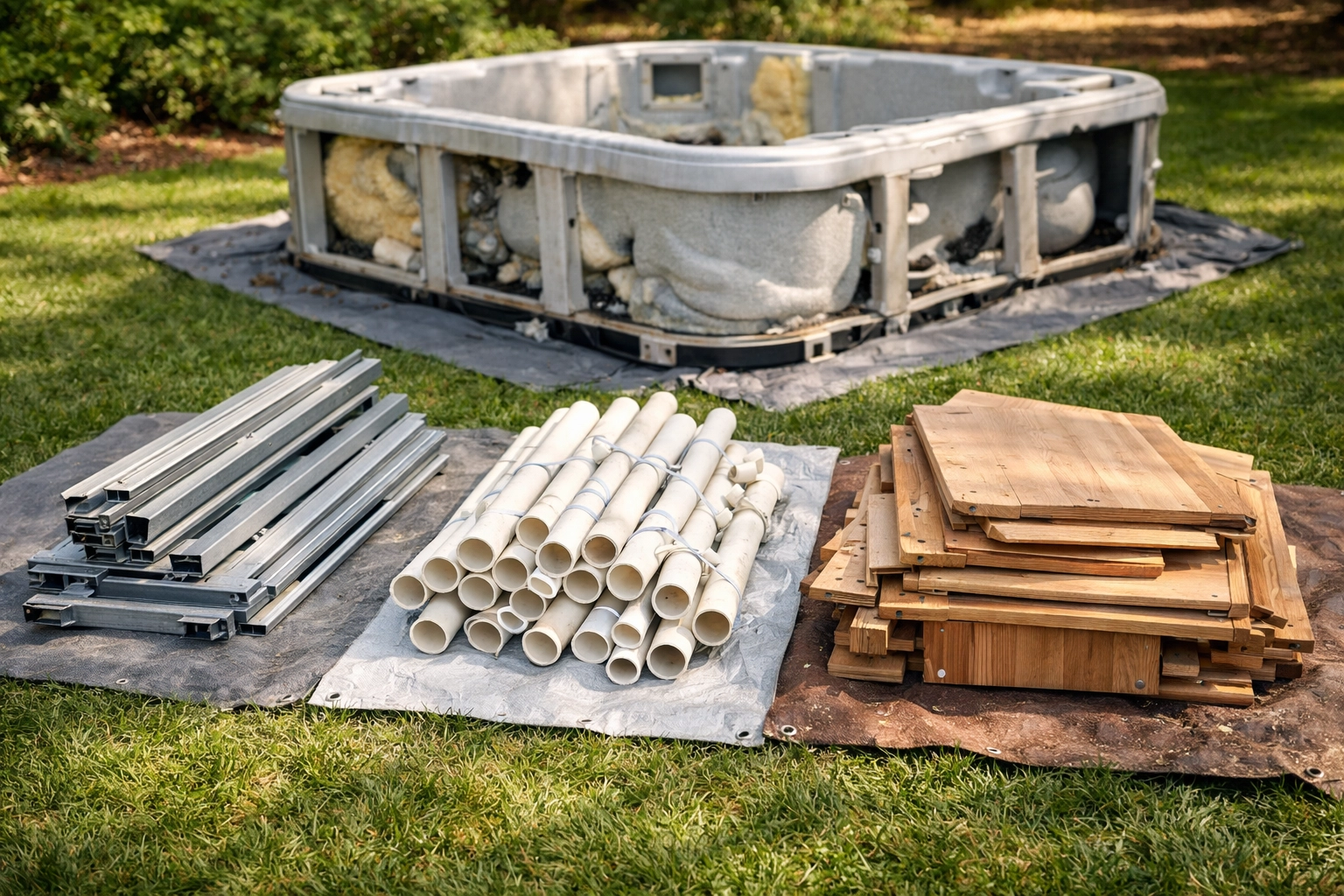 Separated hot tub materials organized for recycling including metal, PVC pipes, and wood panels