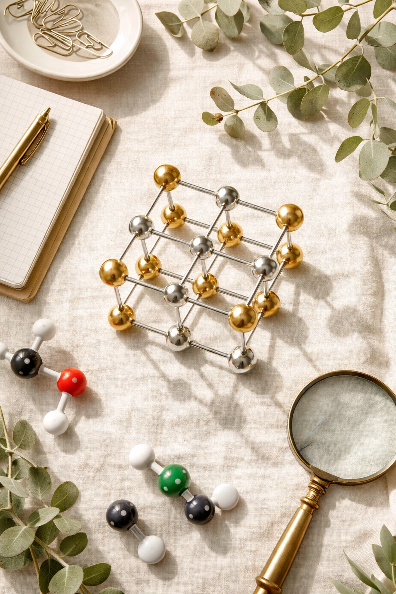 Crystal lattice model and organic molecule models organized for mastering Chemistry Olympiad topics