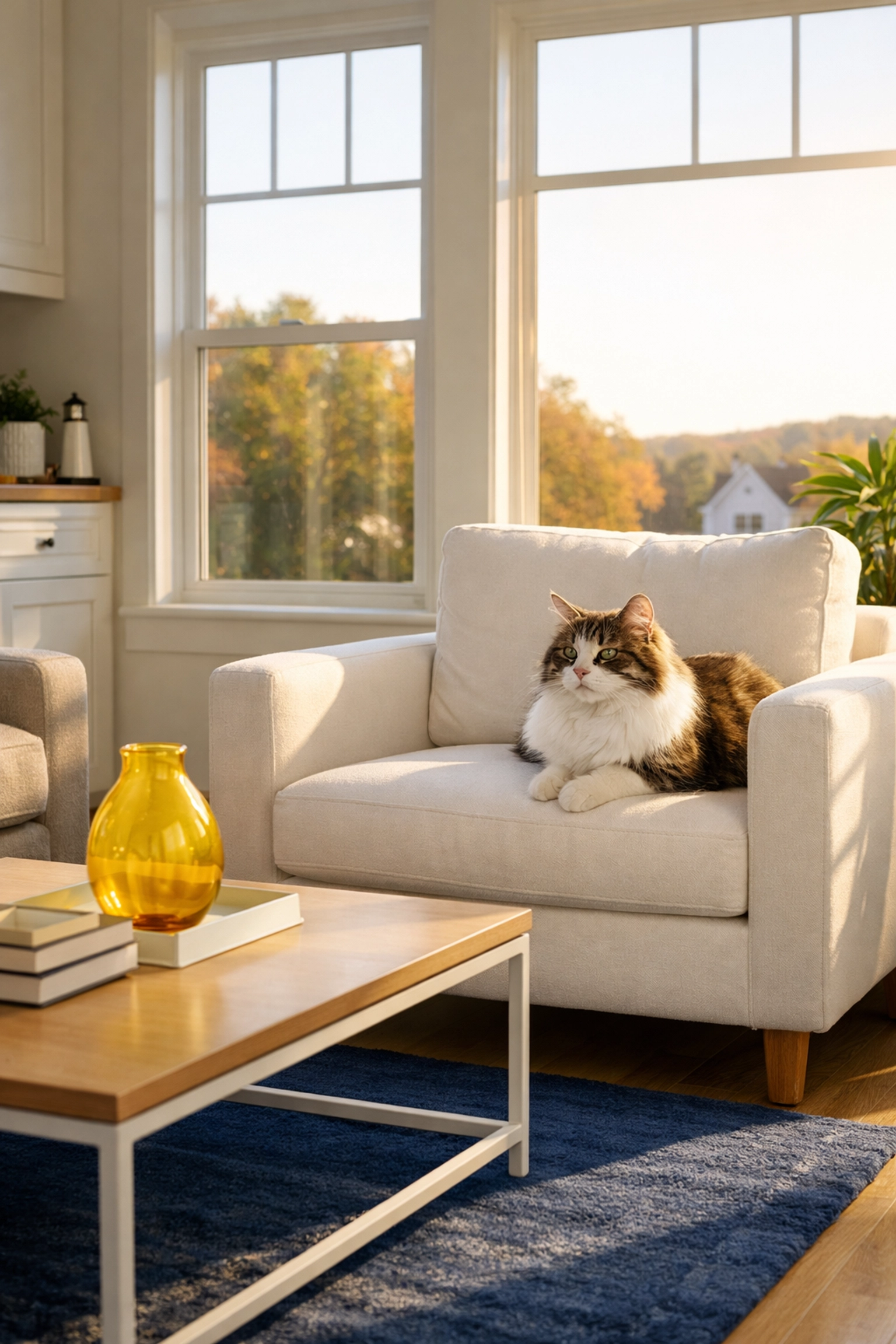 A tidy, sun-drenched living room showcasing pet-safe professional house cleaning in Westborough.
